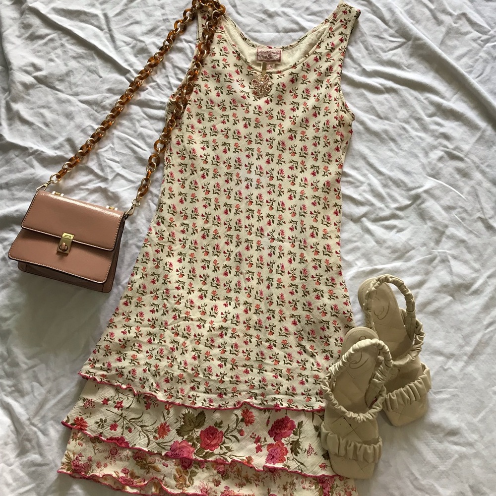 Classy April Cornell floral ruffle pink and cream dress